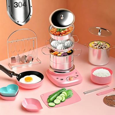 Mini Kitchen Real Cooking Sets with Electric Stove,Food Making for Beginner Cooking Educational Tool,Junior Easy Safe Tools Dishes Set (Pink)