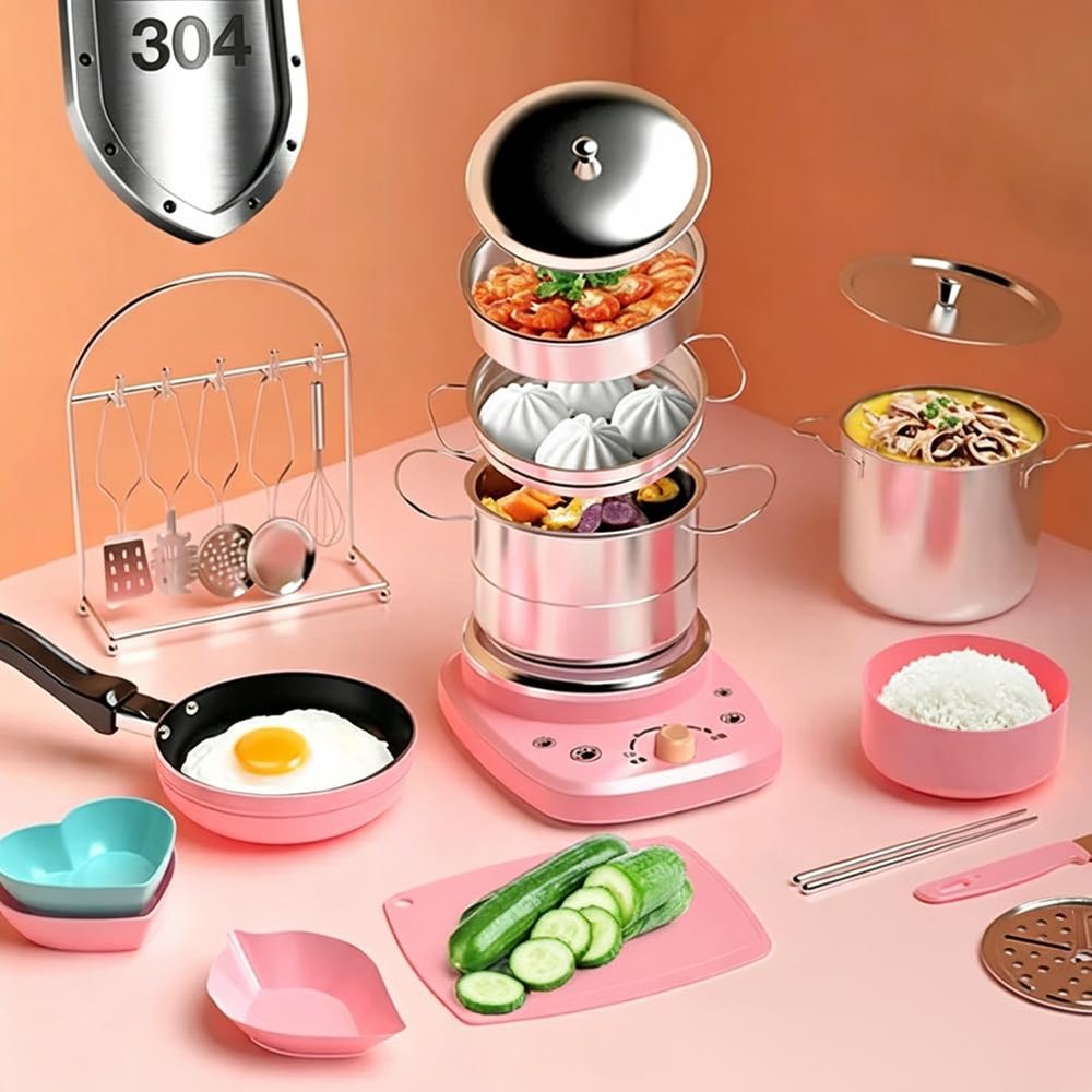 Mini Kitchen Real Cooking Sets with Electric Stove,Food Making for Beginner Cooking Educational Tool,Junior Easy Safe Tools Dishes Set (Pink)