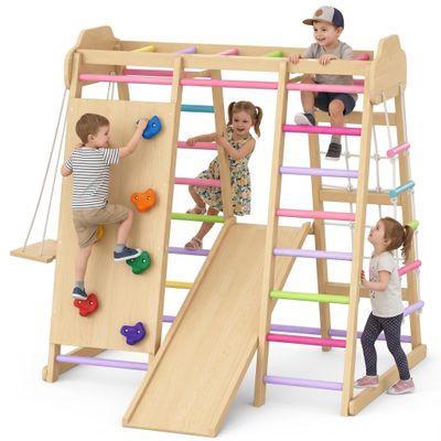 9-in-1 Indoor Playground for Toddlers, Montessori Wooden Jungle Gym Kids Climbing Indoor with Slide, Swing, Monkey Bars, Rock Wall, Rope Ladder & Net, Activity Playset for Boys Girls
