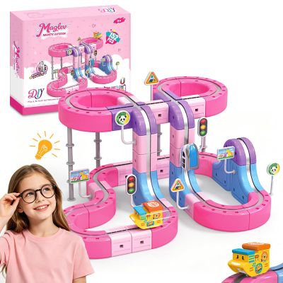 YESHIN Pink Electric Train Set Flexible Race Track for Kids, STEM Building Toy Train Track Gravity-Defying 3D Embedded Layouts & Motorized Car, Magnetic Train for 3-12 Boys Girls DIY Birthday Gift