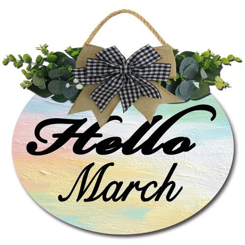 Lefangovs "Hello March" Door Hanger 11inch Round Wooden Rustic-Style Holiday Wreath Ornament for Front Doors Porches Windows Walls Home Decor