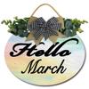 Lefangovs "Hello March" Door Hanger 11inch Round Wooden Rustic-Style Holiday Wreath Ornament for Front Doors Porches Windows Walls Home Decor view 1