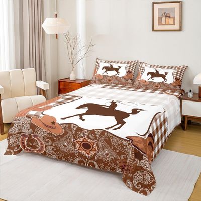 Erosebridal Brown Cowboy Sheet Set Western Twin Sheets Set for Toddler Boys,Horse Groovy Rustic Disco Boots and Hat Cap Farmhouse Fitted Sheet,Boys Western Decor for Home