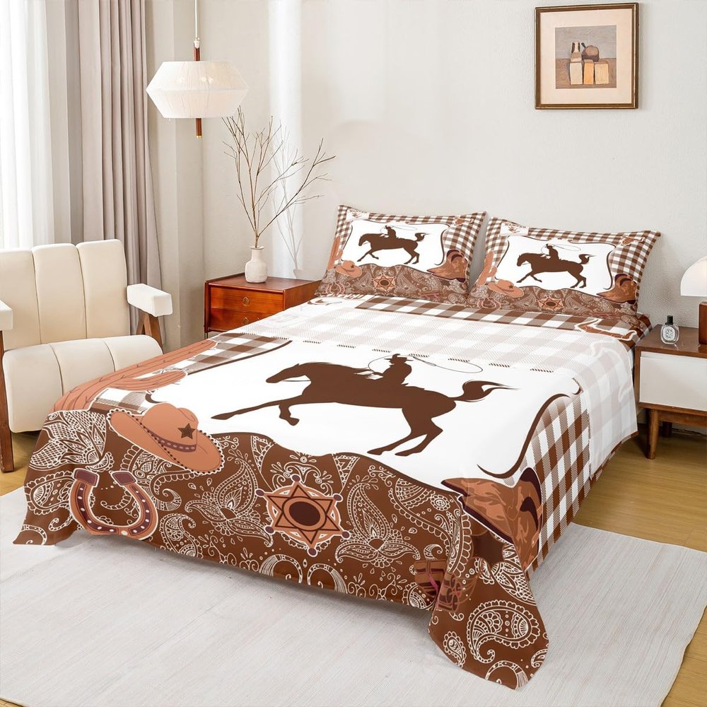 Erosebridal Brown Cowboy Sheet Set Western Twin Sheets Set for Toddler Boys,Horse Groovy Rustic Disco Boots and Hat Cap Farmhouse Fitted Sheet,Boys Western Decor for Home
