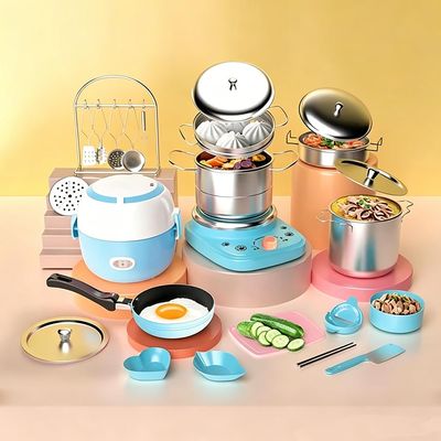Mini Kitchen Real Cooking Sets with Electric Stove,Food Making for Beginner Cooking Educational Tool,Junior Easy Safe Tools Dishes Set (Blue)