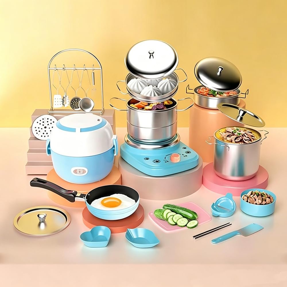 Mini Kitchen Real Cooking Sets with Electric Stove,Food Making for Beginner Cooking Educational Tool,Junior Easy Safe Tools Dishes Set (Blue)