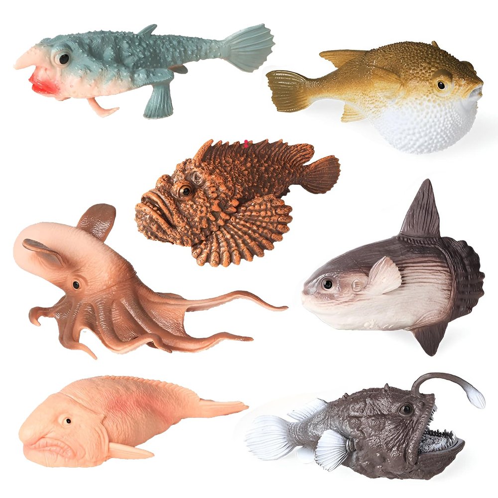 AENIMELY Anglerfish & Sunfish Figurines,7pcs Sea Ocean Marine Animal Figurines for Firay Garden, Science Educational Play, Fish Tank Decoration, Birthday Cake Topper Gifts Party Favors Toys for Kid