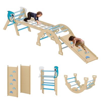 Festisoul 4 in 1 Toddler Climbing Toys Indoor, Wooden Climbing Triangle Set with Ramp and Arch, Jungle Gym for Toddlers 1-3, Baby Climbing Structure, Blue
