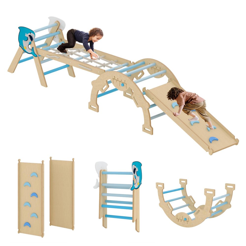 Festisoul 4 in 1 Toddler Climbing Toys Indoor, Wooden Climbing Triangle Set with Ramp and Arch, Jungle Gym for Toddlers 1-3, Baby Climbing Structure, Blue