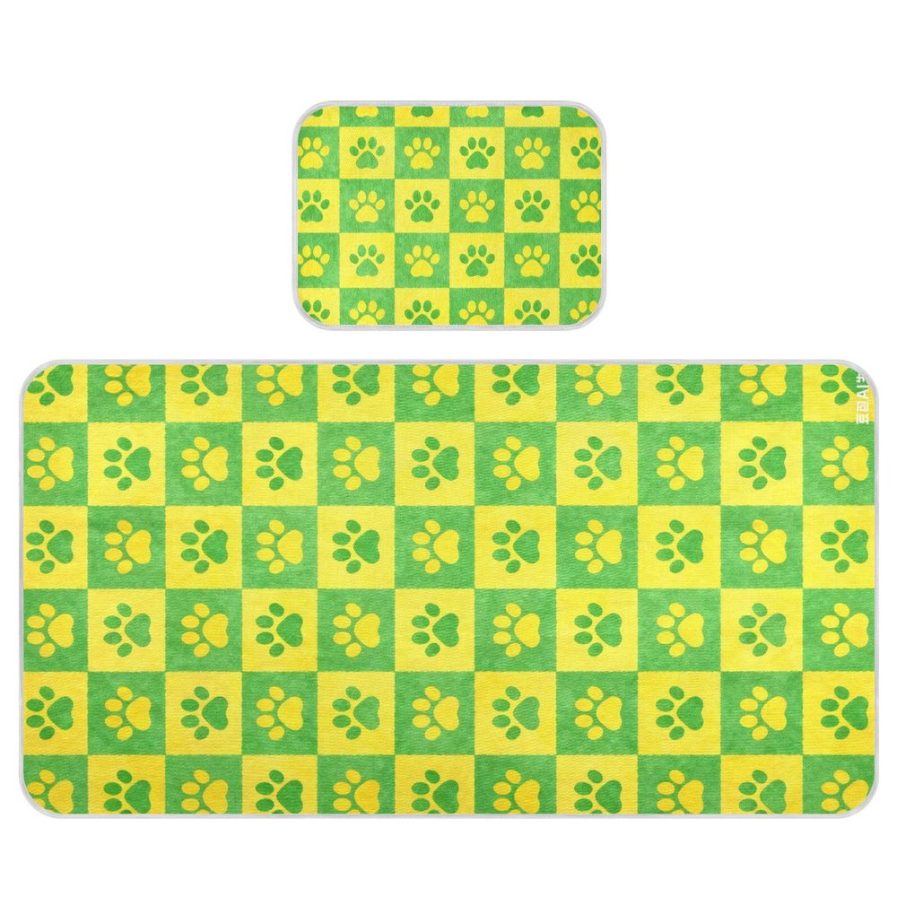 Yellow Green Checkers Dog Paw Prints Cooling Baby Mattress Topper 28" x 52" Absorbent Pads for Kids for Kids, Adult