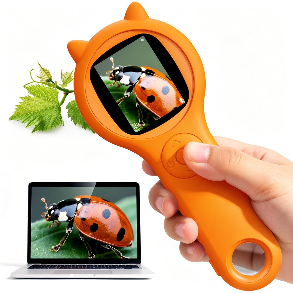 Bug Exploration Microscope for Kids, 500X Handheld Digital Microscope with 2" IPS Screen, Backyard Adventure STEM Science Toy Age 5-12 (Orange)