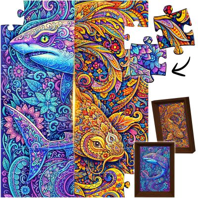Lenticular Puzzles for Adults, 2 in 1 Dynamic Animals Puzzles, Flip, and Gradient Visual Puzzle with Challenging and Fun, Unique Gift Idea for Women Men, 6.8 in. * 8.8 in Carp and Shark Puzzle