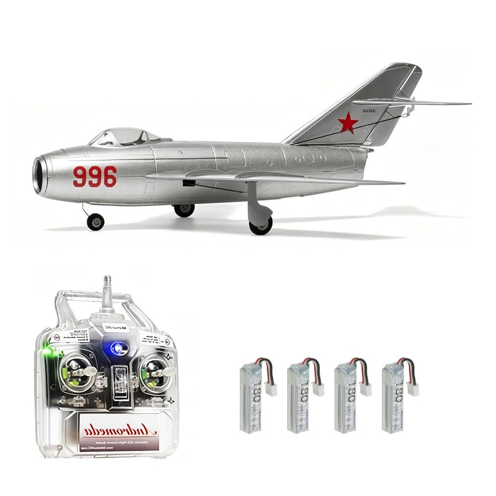 MinimumRC MiG-15 Micro EDF RC Plane 4CH 2.4GHz Gyro Stabilized 30mm Ducted Fan Jet, Aerodynamic Fixed Wing Aircraft Kit with Detachable Landing Gear, Brushed Power Motor (Right Throttle/4 Batteries)