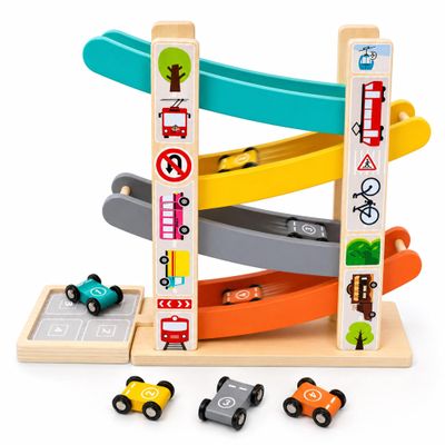 Montessori Toys for 1 Year Old Boy, Wooden Car Ramp Toy with 4 Cars & Parking Area, Race Track Ramp Racer for Toddlers 1-3, Educational Toddler Car Toys, Birthday Gifts for Boys Girls 12+ Months