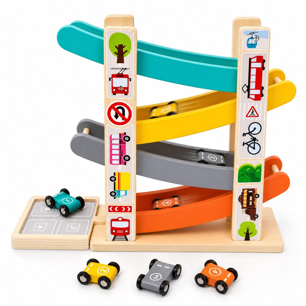Montessori Toys for 1 Year Old Boy, Wooden Car Ramp Toy with 4 Cars & Parking Area, Race Track Ramp Racer for Toddlers 1-3, Educational Toddler Car Toys, Birthday Gifts for Boys Girls 12+ Months