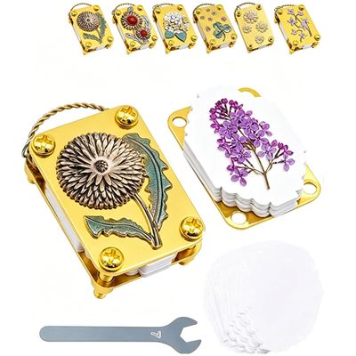 2PCS Mini Flower Press Keychain Full Micro Flower Press Kit with 20PCS Paper Handcrafted Gold Metal Miniature Preserving Tool with Secure Straps Perfect for Hikes and On-The-Go DIY Crafts (Gold-E)