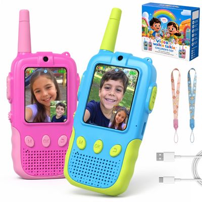 Video Walkie Talkies for Kids, Handheld 2 Pack Rechargeable Kids Video Walkies Talkies, Outdoor Toys for Age 3-12 Year Old Girls Boys, Christmas Birthday Gifts for Kids (Blue & Pink)