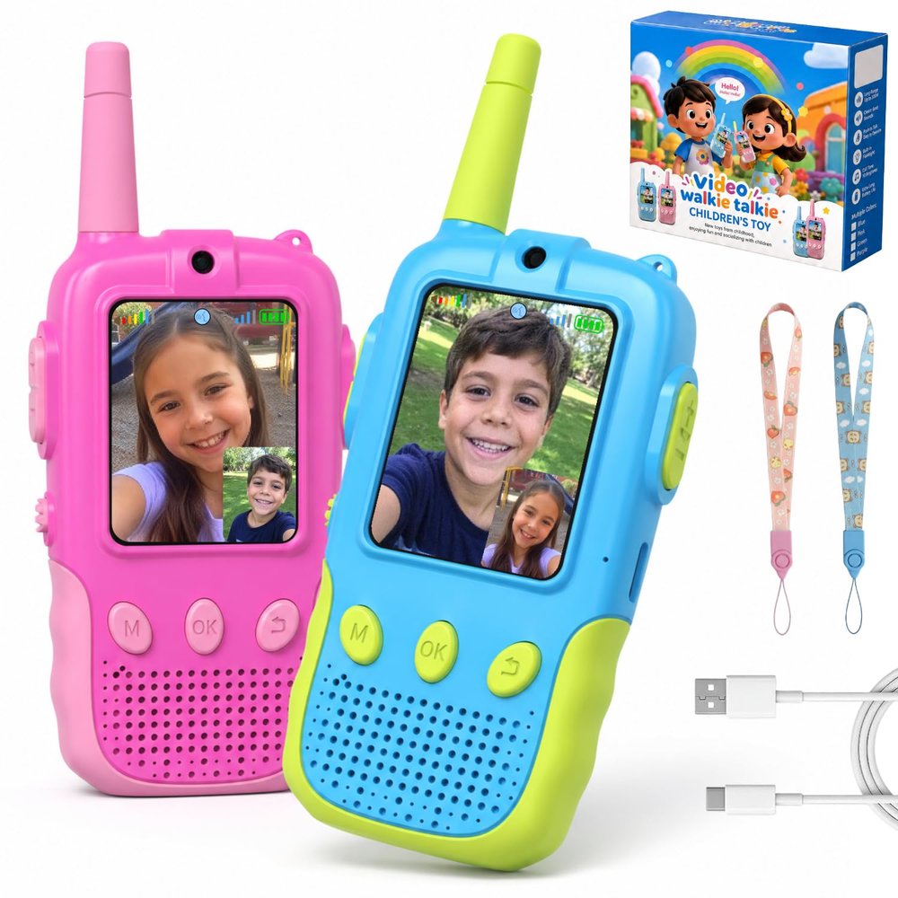 Video Walkie Talkies for Kids, Handheld 2 Pack Rechargeable Kids Video Walkies Talkies, Outdoor Toys for Age 3-12 Year Old Girls Boys, Christmas Birthday Gifts for Kids (Blue & Pink)