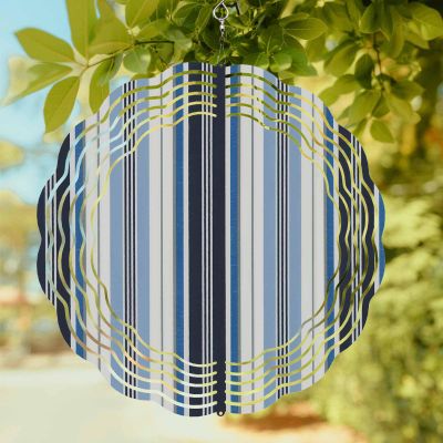 Modern Blue Black Stripe Round Wind Spinner 10", 3D Stainless Steel Wind Spinners for Yard and Garden Retro Gradient Striped Line Indoor Outdoor Metal Hanging Craft Ornaments for Porch Lawn Home
