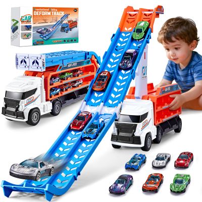 Race Track Truck Toys for 3 4 5 6 Years Old Kids - Carrier Truck Transport Car with 6 Die-Cast Cars Toys, 4-In-1 Truck with 2 Foldable Race Tracks, Christmas Birthday Gifts Toy for Toddler Boys, White