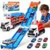 Race Track Truck Toys for 3 4 5 6 Years Old Kids - Carrier Truck Transport Car with 6 Die-Cast Cars Toys, 4-In-1 Truck with 2 Foldable Race Tracks, Christmas Birthday Gifts Toy for Toddler Boys, White view 1