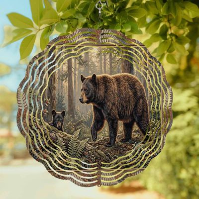 Forest Brown Bear Fern Round Wind Spinner 8", 3D Stainless Steel Wind Spinners for Yard and Garden Retro Southwest Ethnic Indoor Outdoor Metal Hanging Craft Ornaments for Porch Lawn Home