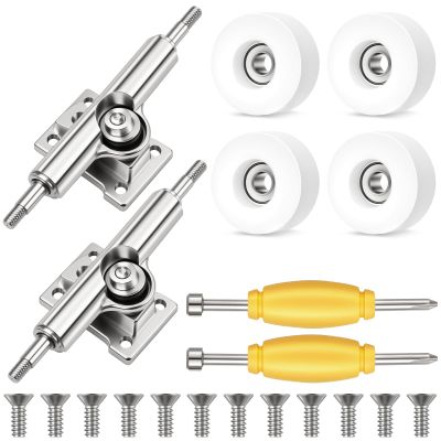 Alrhso 8 Pcs Standard Fingerboard Tool Set Include 2 Trucks & 4 CNC Lathed Bearing Wheels 2 Nut Driver Screwdriver for 34 mm Wide Decks Skateboard Trucks