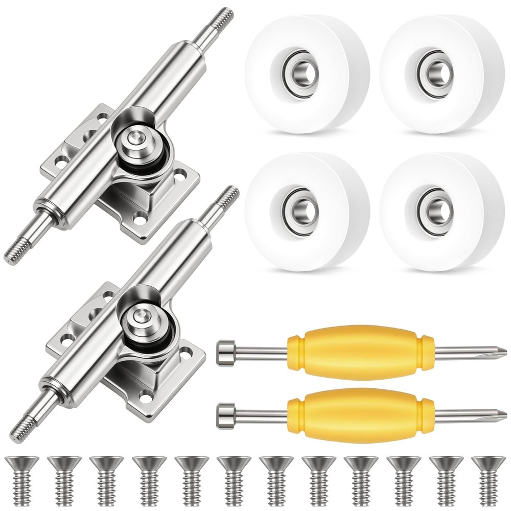 Alrhso 8 Pcs Standard Fingerboard Tool Set Include 2 Trucks & 4 CNC Lathed Bearing Wheels 2 Nut Driver Screwdriver for 34 mm Wide Decks Skateboard Trucks