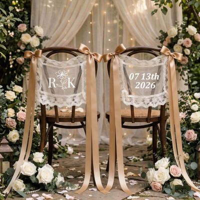 2 Pcs Custom Lace Wedding Chair Signs With Adjustable Long Streamers - Sheer Tulle Just Married Banners For Ceremony Seating, Scratch-Free Tie-On Decor For Hotel & Outdoor Reception, 18.5" X 13"