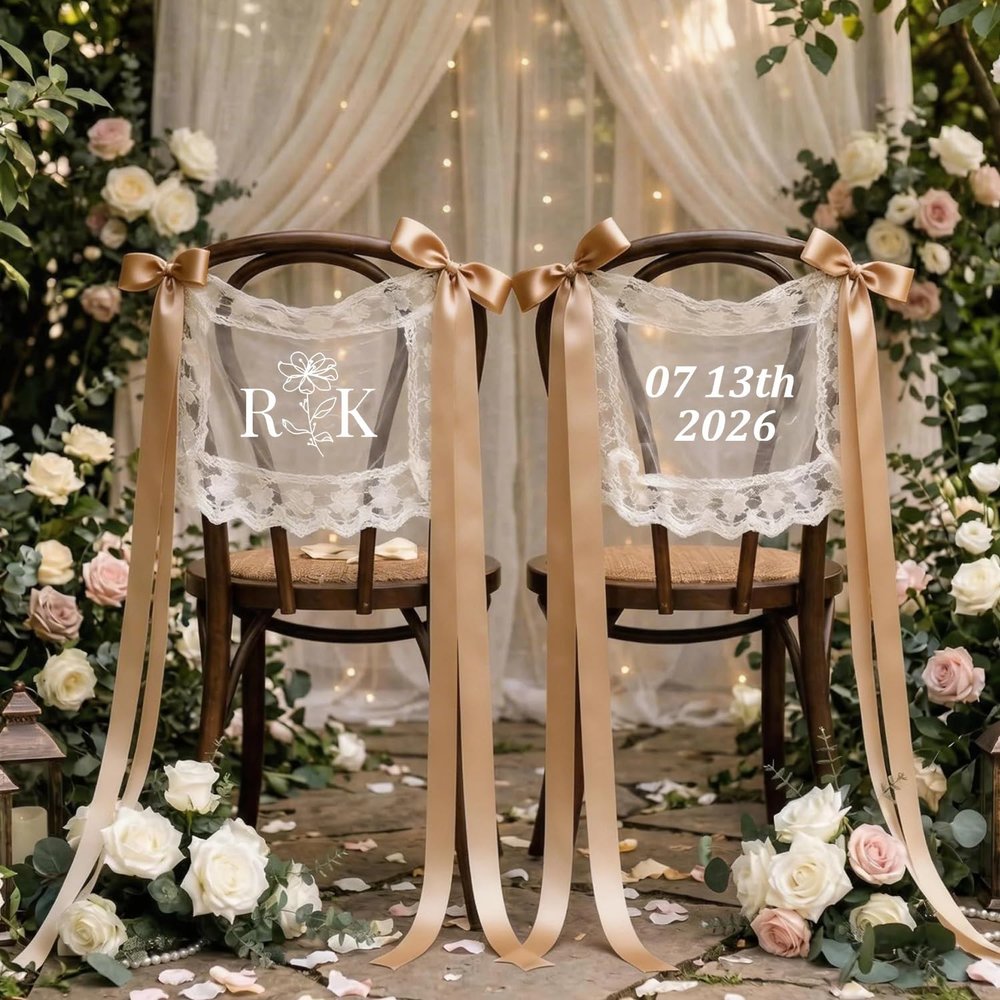 2 Pcs Custom Lace Wedding Chair Signs With Adjustable Long Streamers - Sheer Tulle Just Married Banners For Ceremony Seating, Scratch-Free Tie-On Decor For Hotel & Outdoor Reception, 18.5" X 13"