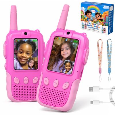 Video Walkie Talkies for Kids, 2 Pack Rechargeable Walkie Talkies with Screen, Outdoor Toy for 3-12 Year Old Girl, Christmas Birthday Gifts for Girls (Pink)