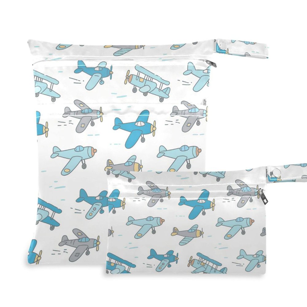 Gkseojer Light Blue Airplanes Wet Bags Set of 2 Pcs Reusable Wet Dry Bags for Diaper Swimsuit Fitness