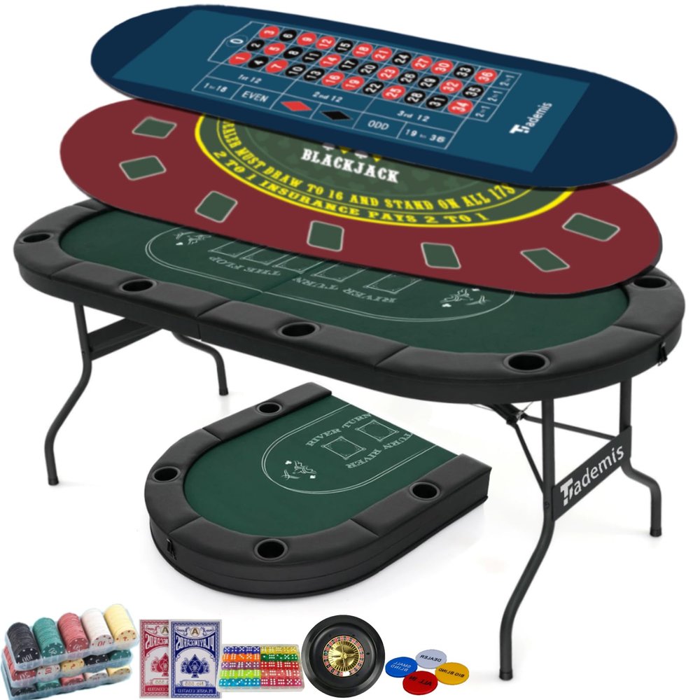 8 Player Foldable Poker Table Top 4-in-1 Casino Game Set for Texas Hold'em, Blackjack, Hi-Lo Dice & Roulette, Portable Folding Table Mat with Cup Holders & Full Props for Home Party, Game Night