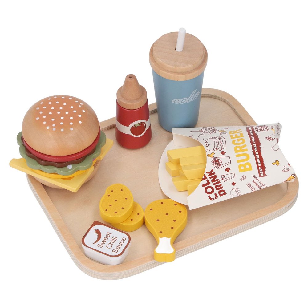 NOENNULL Wooden Play Fast Food Hamburger Set Educational Kitchen Accessories Toy for Kids 24 Pieces Sensory Game Learning Experience Indoor Feeling Birch Wood