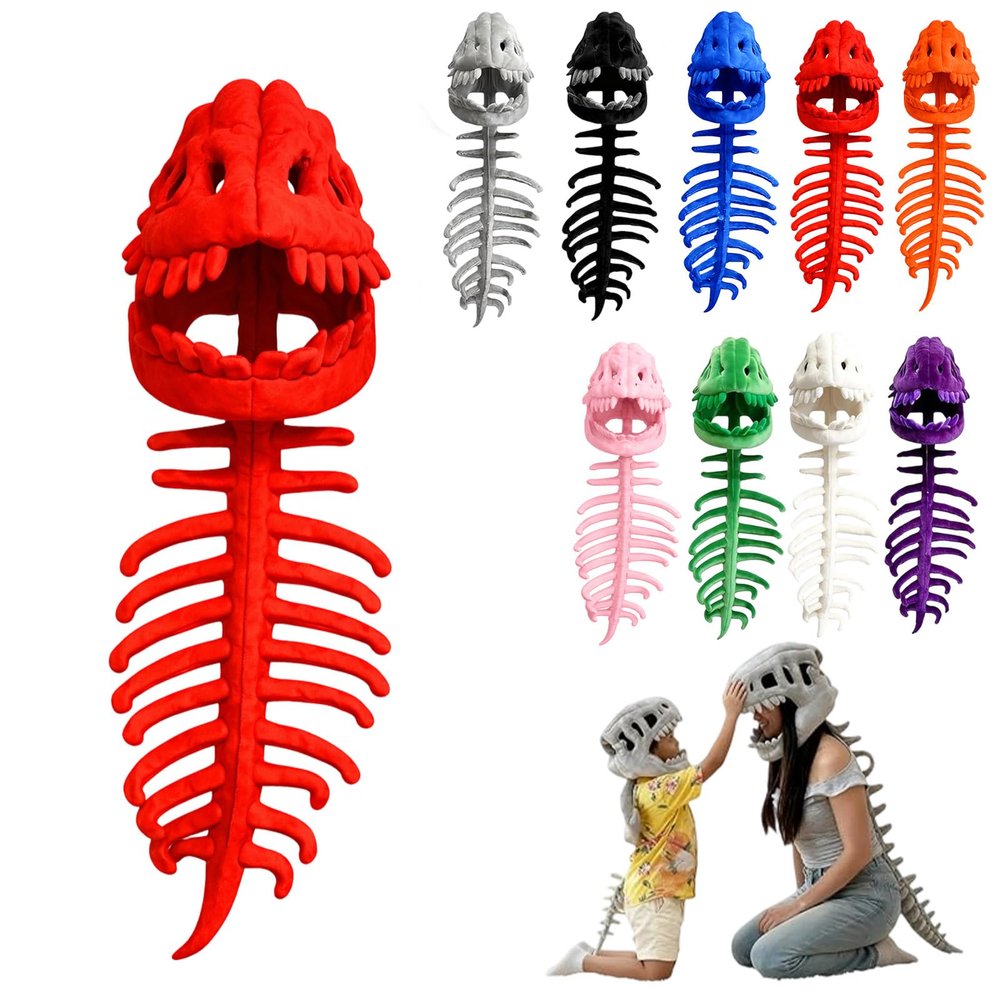 2026 New Dinosaur Skeleton Costume, 3D Spinosaurus Skull Mask & Plush Spine, for Dress-Up Play (Red,47in)
