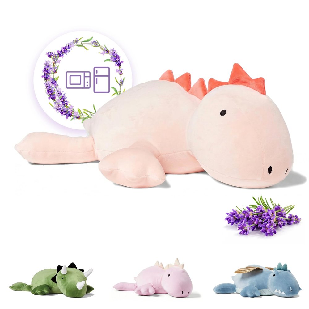 KOWSI Microwavable Heating Pad Pink Stegosaurus Plush - 1.4 Lb Weighted Stuffed Animal Toy with Tourmaline Beads & Lavender - 16" Squished Long Dinosaur Pillow - Lumbar Back Cushion Lasting Warmth