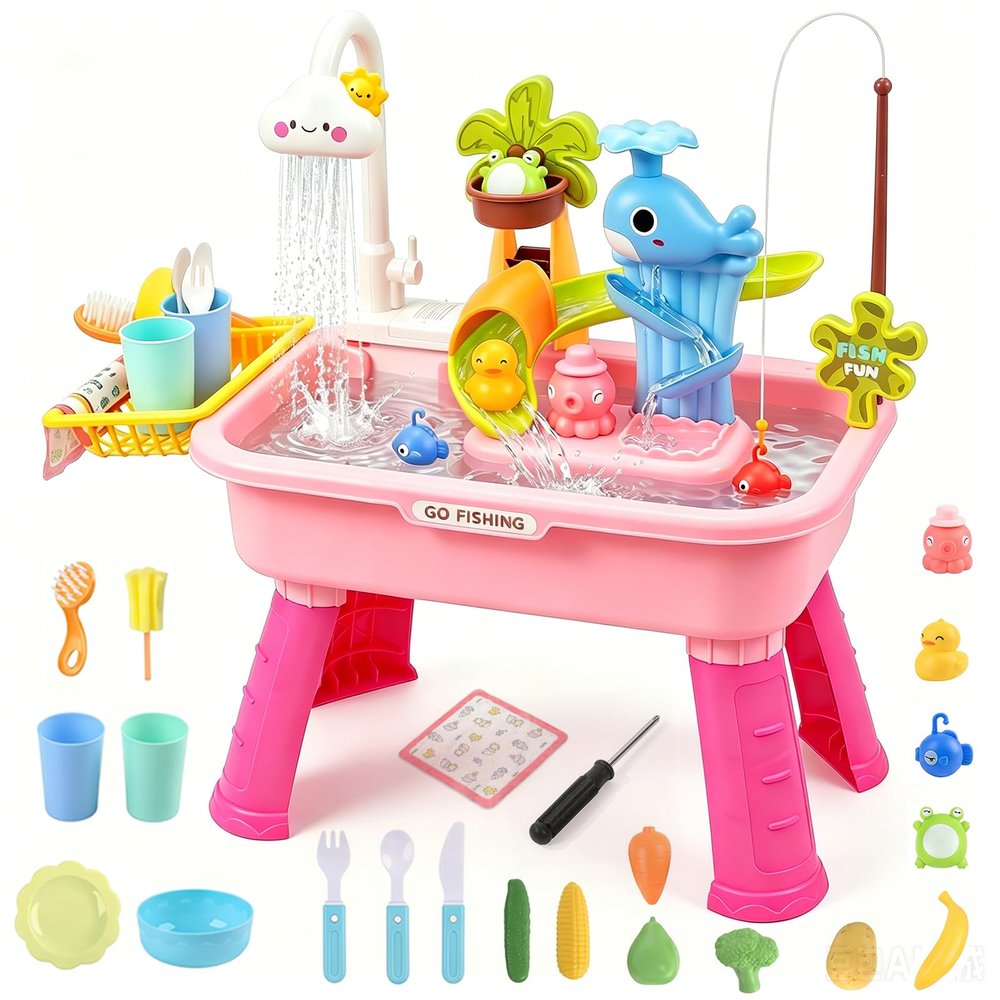 Changmapaty Upgraded Toddler Sand Water Table Toy with Electric Water Pump Water Circulation, Kids Sand Water with Faucet/Play Food Accessories/Fishing Toy, Kitchen Play Sink Toys for Girl Boy Age 3+