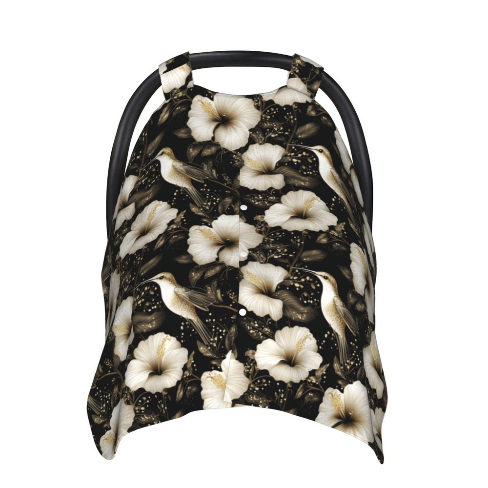 Black Gold Lily Hummingbirds Print Baby Car Seat Covers, Breathable Nursing Cover Breastfeeding Cover, Cute Stroller Covers, Multi-use Infant Carseat Canopy, Baby Boys Girls Newborn Essentials