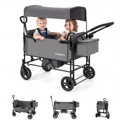 BABY JOY Wagon Stroller for 2 Kids, Foldable Side-Unzip Stroller Wagon with Adjustable Push/Pull Handle, Removable Canopy, Storage Bag, Harness & All-Terrain Wheels for Zoo, Beach & Travel (Gray)
