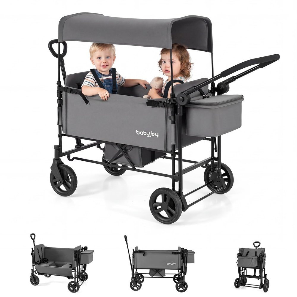 BABY JOY Wagon Stroller for 2 Kids, Foldable Side-Unzip Stroller Wagon with Adjustable Push/Pull Handle, Removable Canopy, Storage Bag, Harness & All-Terrain Wheels for Zoo, Beach & Travel (Gray)