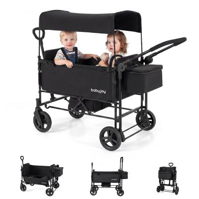 BABY JOY Wagon Stroller for 2 Kids, Foldable Side-Unzip Stroller Wagon with Adjustable Push/Pull Handle, Removable Canopy, Storage Bag, Harness & All-Terrain Wheels for Zoo, Beach & Travel (Black)