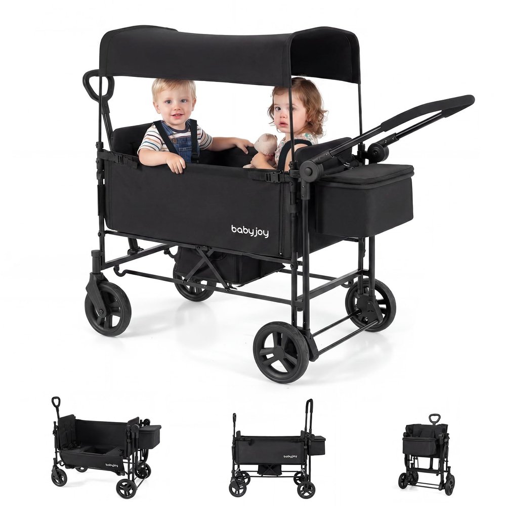 BABY JOY Wagon Stroller for 2 Kids, Foldable Side-Unzip Stroller Wagon with Adjustable Push/Pull Handle, Removable Canopy, Storage Bag, Harness & All-Terrain Wheels for Zoo, Beach & Travel (Black)