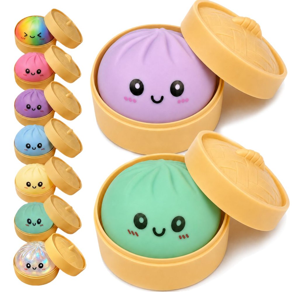 2PCS Dumpling Squishies Toys with Food Steamer,Colorful Squeeze Dough Fidget Sensory Stress Balls,Hand Desk Toys for Stress Relief Squishies Dumpling Gifts,Purple&Green