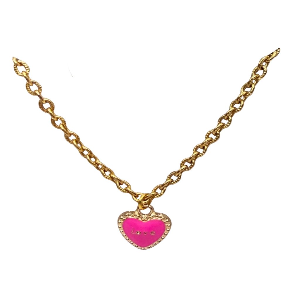 Pink Love Heart Charm Gold Chain Doll Necklace
