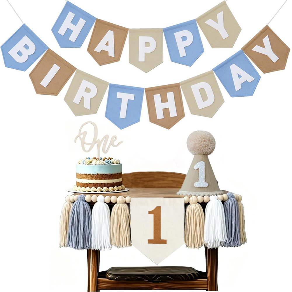 1st Birthday High Chair Banner Decorations - Neutral Felt Banner Set with Cake Topper & Party Hat, First Birthday Party Supplies