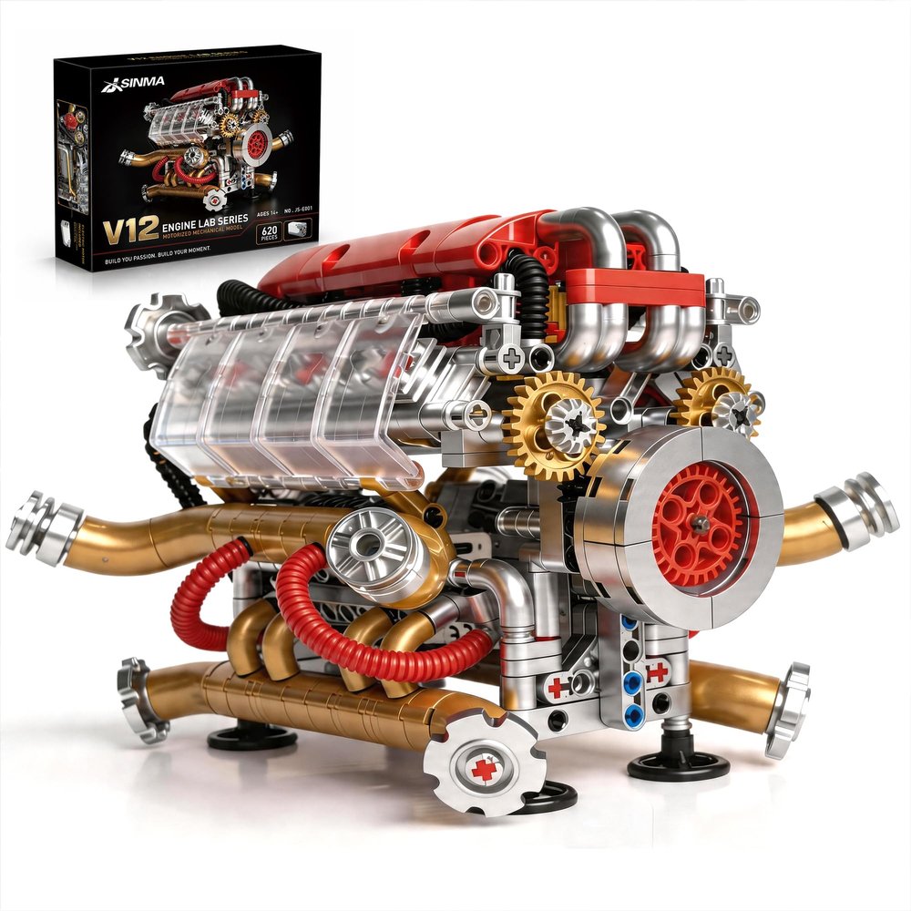 JSINMA V12 Engine Model Kit that Runs, Motorized Mechanical Building Set for Adults with Visible Moving Pistons, Transparent Side Cover, Desk Display Gift for Car Lovers, 620 Pieces