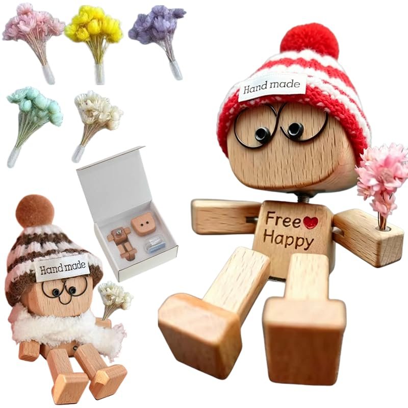Personalized Shaking Wooden Figure | Custom Text & Pattern, Aromatherapy Groove, Handmade Wood Shaking Head Doll, Wobbly Legs Car Ornament, Desktop Stress Relief Decor Gift