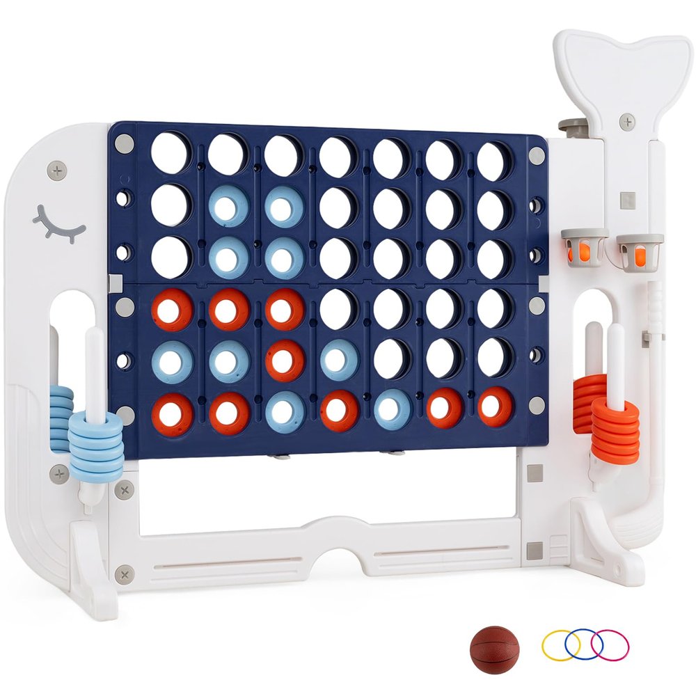COSTWAY Giant 4-in-a-Row Game Set, Whale Design Jumbo 4-to-Score for Kids and Adults w/3 Adjustable Heights, Basketball, Golf, Ring-toss, Cup Holders, Indoor Outdoor Party Yard Games for Lawn (Navy)