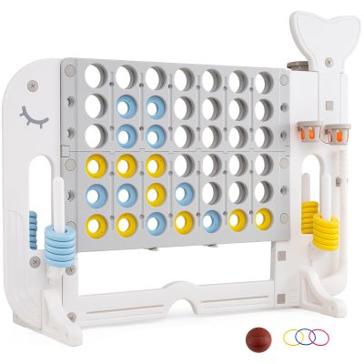 COSTWAY Giant 4-in-a-Row Game Set, Whale Design Jumbo 4-to-Score for Kids and Adults w/3 Adjustable Heights, Basketball, Golf, Ring-toss, Cup Holders, Indoor Outdoor Party Yard Games for Lawn (Gray)