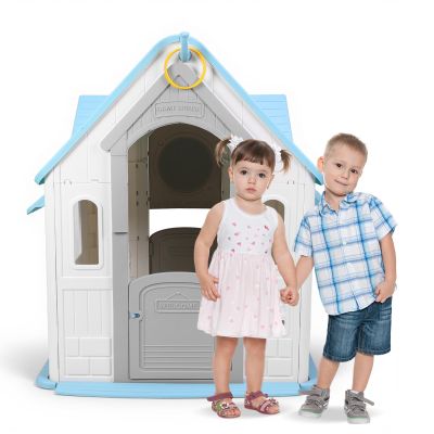 Outdoor Playhouse for Kids - Basketball Hoop, Soccer Goal, Magnetic Dartboard, Ring Toss - Indoor/Outdoor Toddler Cottage Playset, Gift for Ages 3-8